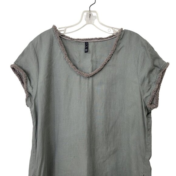 Foil 100% Linen Olive Green Knee Length Dress With Fringe Trim Women's Size 10 - Picture 2 of 6